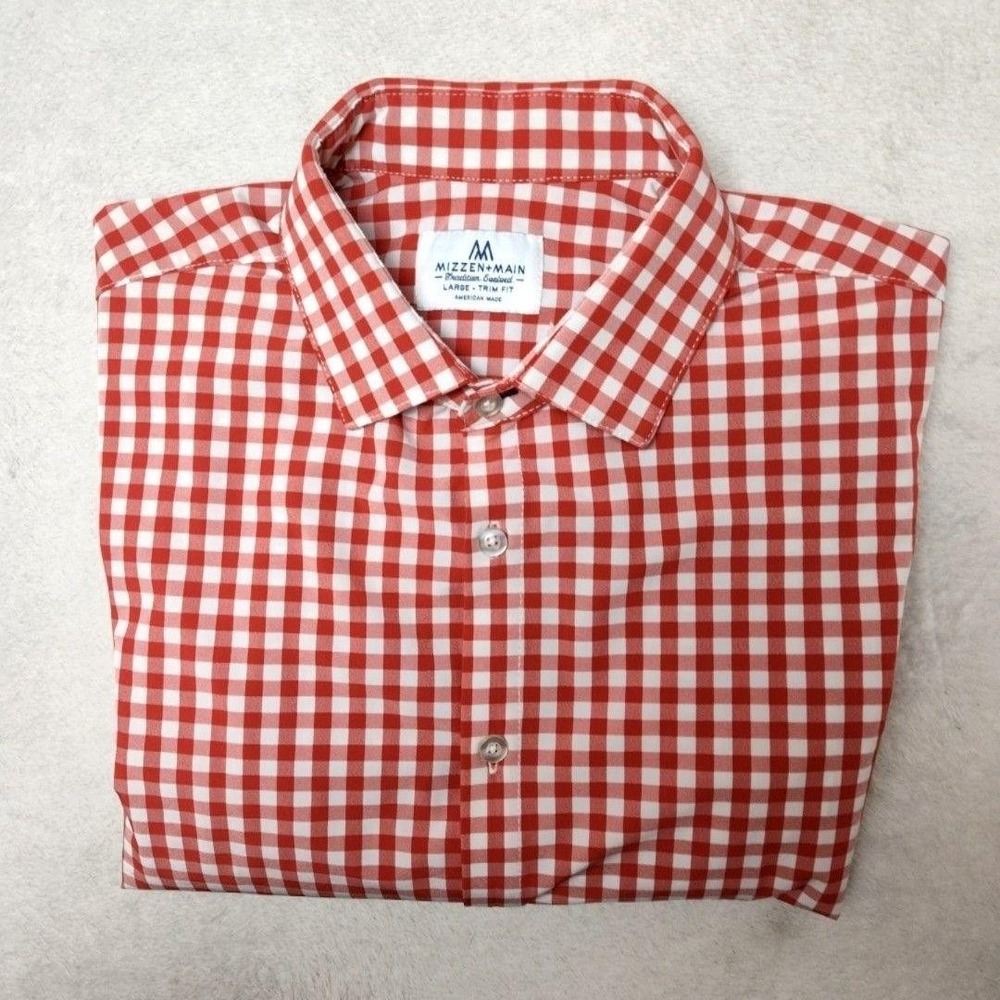 Mizzen+Main Shirt Men L Red Gingham Plaid Slim Point Collar Long Sleeve Non-Iron